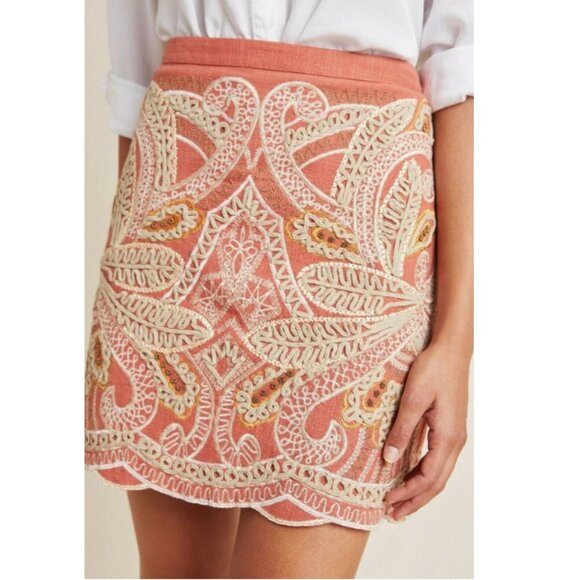 Anthropologie Beaded Mini Skirt 4 Pink Cotton Embroidered Boho Scallop Hem - Picture 9 of 10